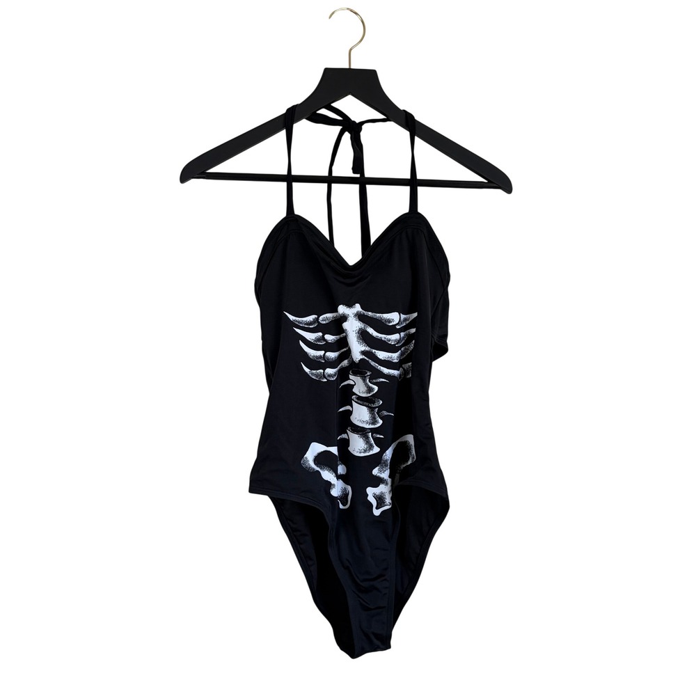 Killstar Show Your Bones Skeleton Halter One Piece Swimsuit Black Medium NWT